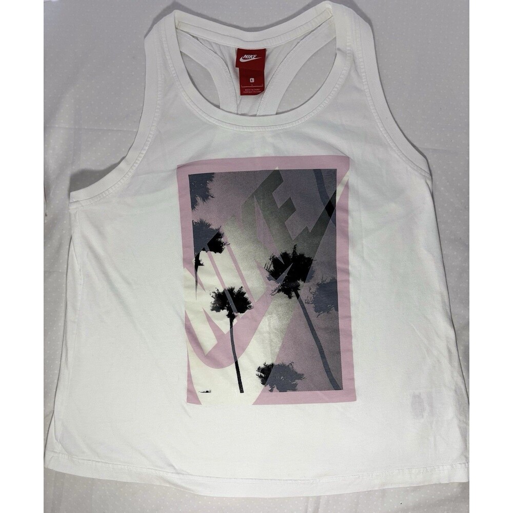 Nike Womens White Racerback Top Size Large 100% cotton Reflective Logo Shirt